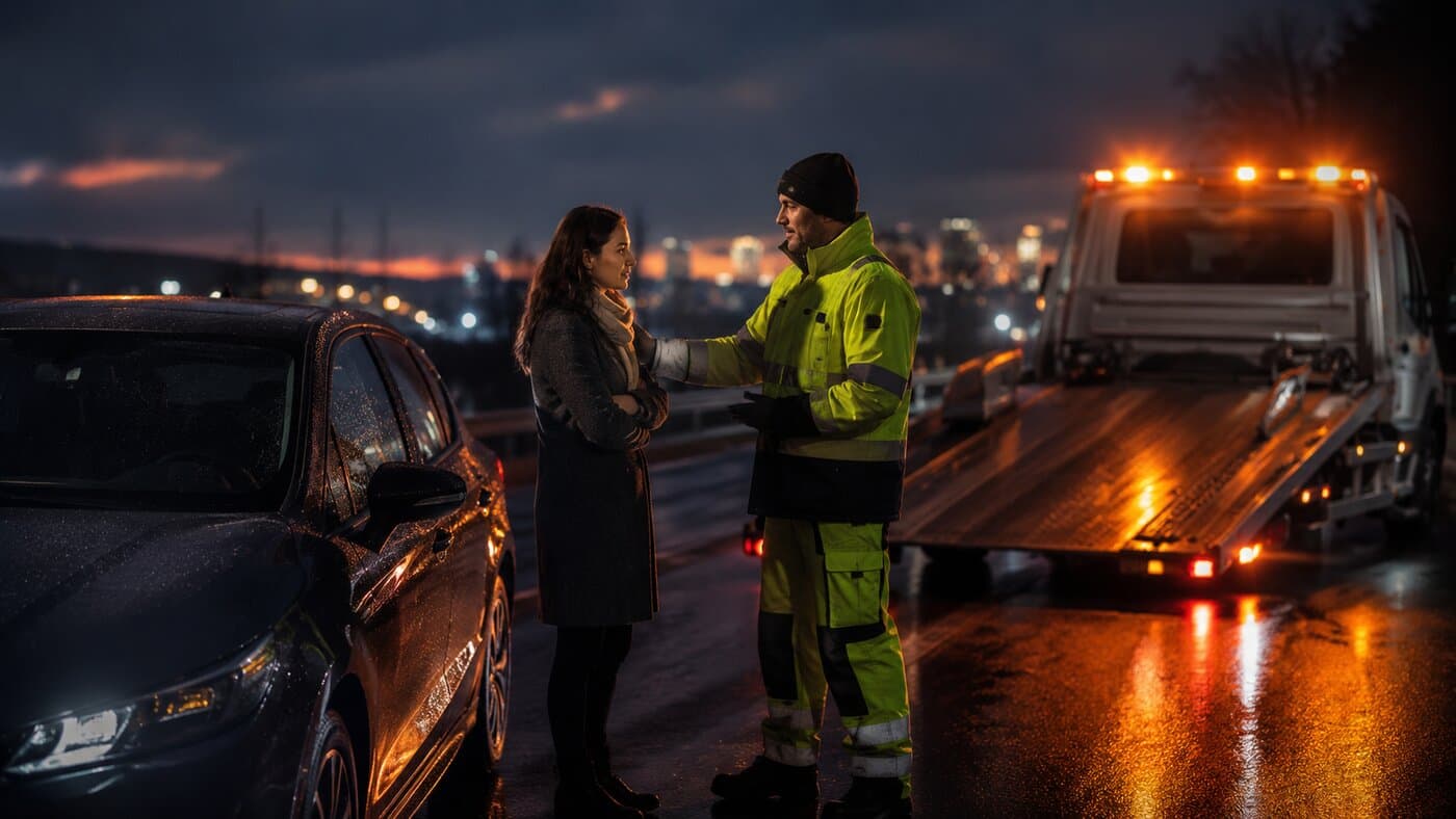 Technicien rassurant une automobiliste en panne