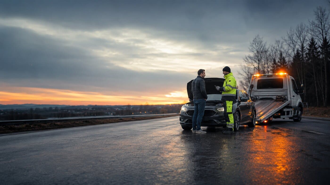Technicien SM Dépannage diagnostiquant une panne moteur sur route